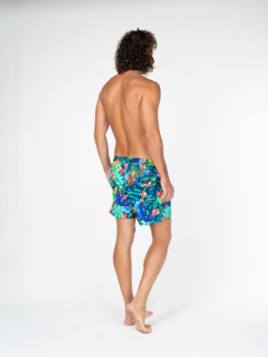 Men's premium beach shorts reverse shot Botanic Paradise print from La Vida Loca