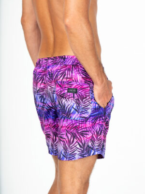Men's premium beach shorts Detail shot Sundown Palms print from La Vida Loca