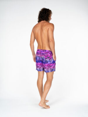 Men's premium beach shorts Rear shot Sundown Palms print from La Vida Loca