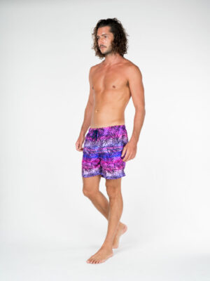 Men's premium beach shorts Side on Sundown Palms print from La Vida Loca