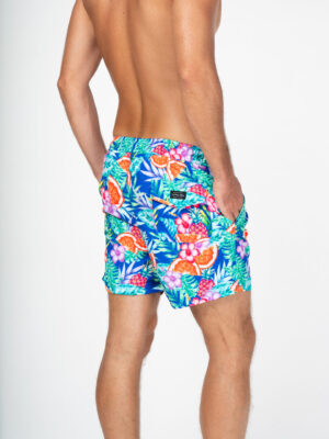 Men's premium beachwear shorts detail shot Tutti Fruiti print from La Vida Loca