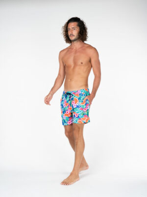 Men's premium beachwear shorts Side on Tutti Fruiti print from La Vida Loca